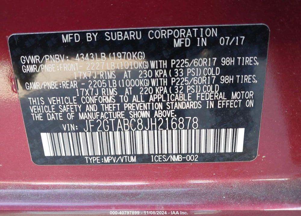 2018 SUBARU CROSSTREK 2.0I PREMIUM VIN: JF2GTABC8JH216878