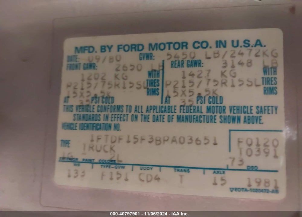 1981 FORD F150 VIN: 1FTDF15F3BPA03651