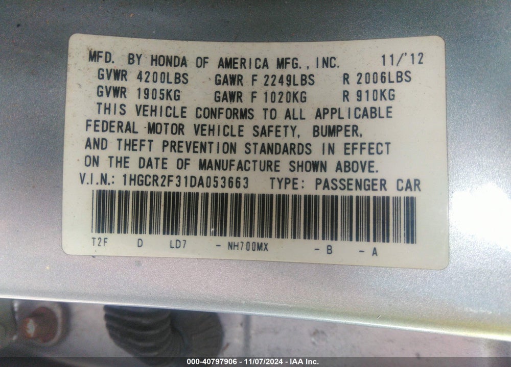 2013 HONDA ACCORD LX VIN: 1HGCR2F31DA053663