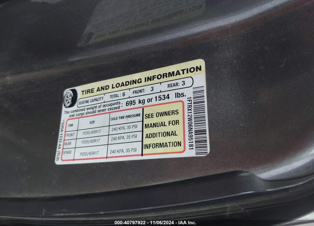 2006 FORD F-150 STX/XL/XLT VIN: 1FTRX12W06NA95181