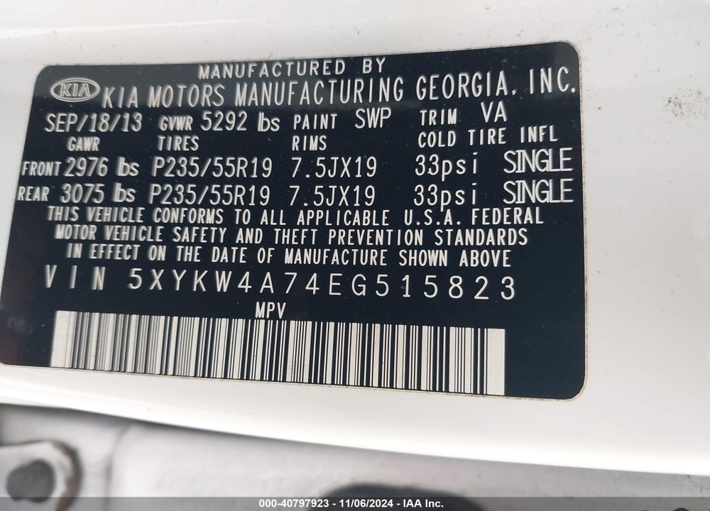 2014 KIA SORENTO SX VIN: 5XYKW4A74EG515823