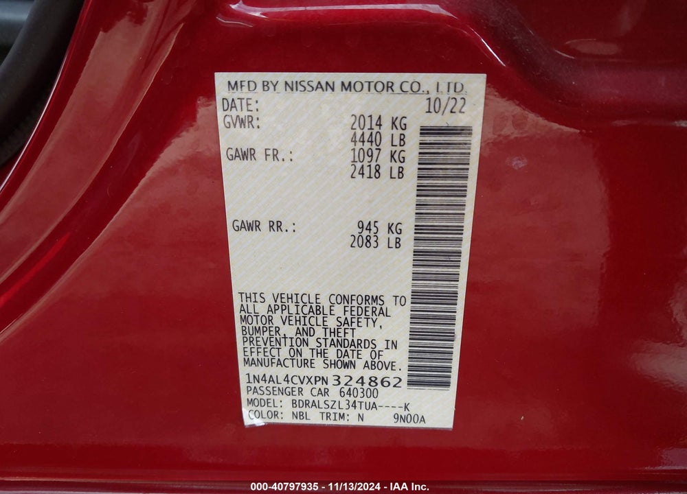 2023 NISSAN ALTIMA SR VC-TURBO FWD VIN: 1N4AL4CVXPN324862