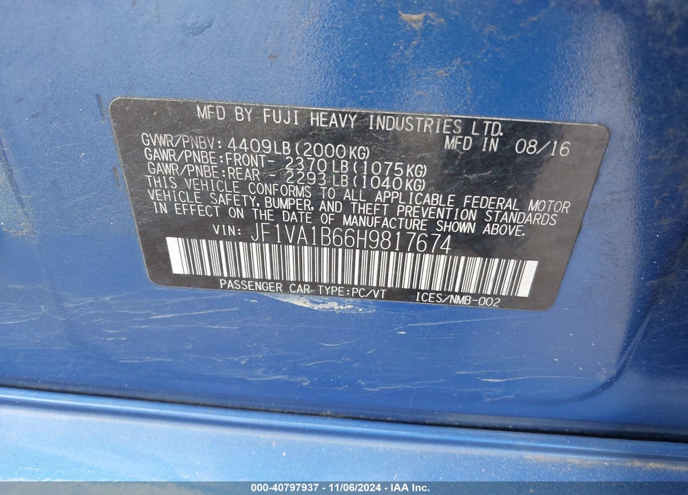 2017 SUBARU WRX VIN: JF1VA1B66H9817674