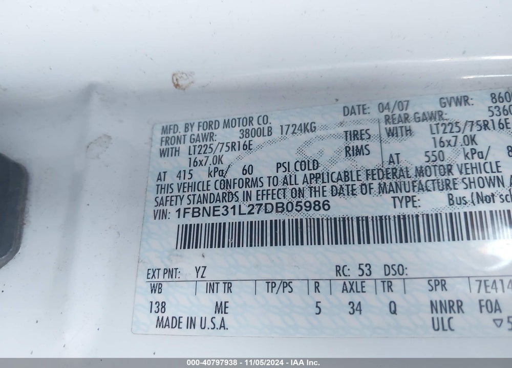 2007 FORD E-350 SUPER DUTY XL/XLT VIN: 1FBNE31L27DB05986