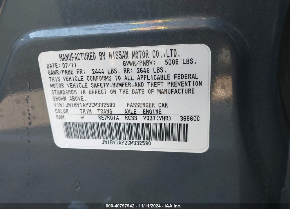 2012 INFINITI M37 VIN: JN1BY1AP2CM332590