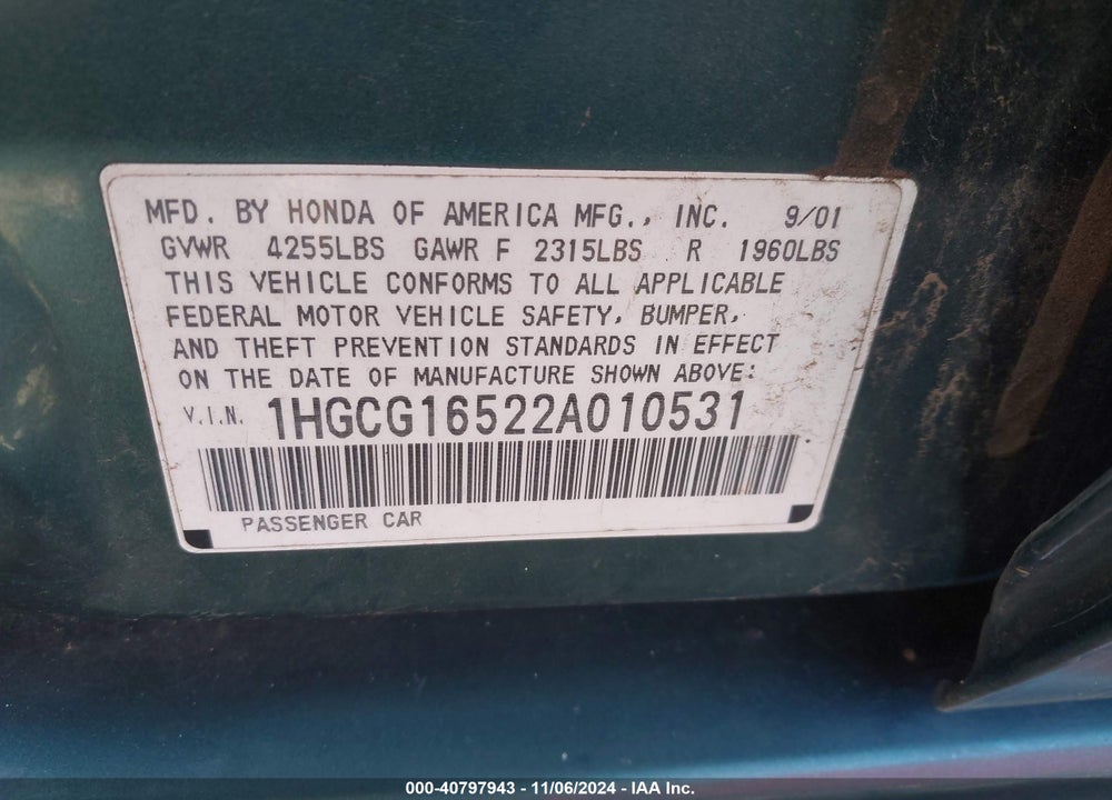 2002 HONDA ACCORD 3.0 EX VIN: 1HGCG16522A010531