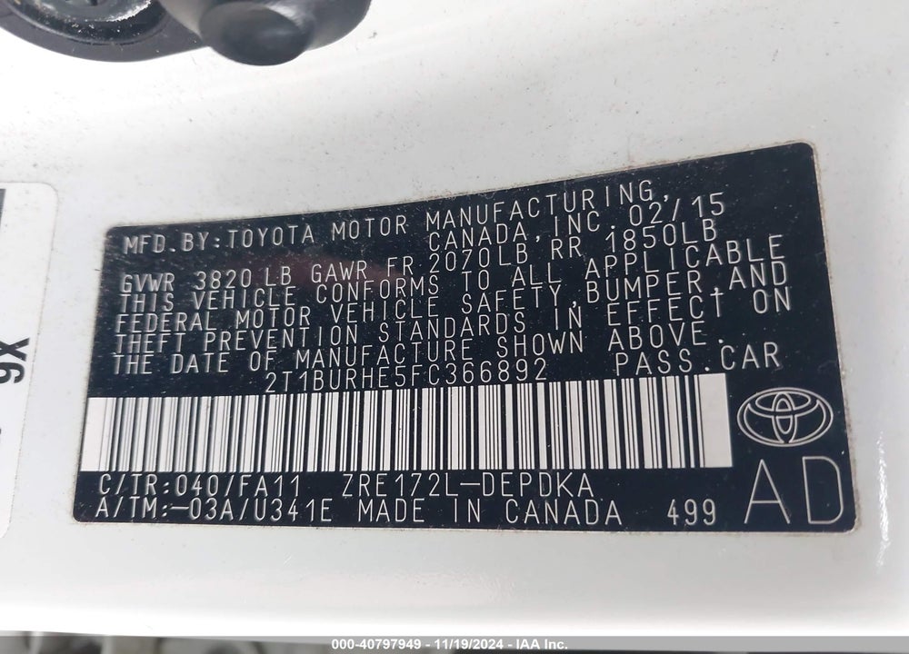 2015 TOYOTA COROLLA L VIN: 2T1BURHE5FC366892