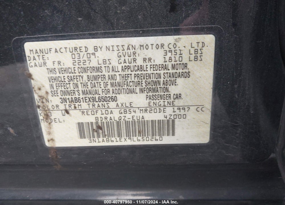 2009 NISSAN SENTRA 2.0 VIN: 3N1AB61EX9L650260