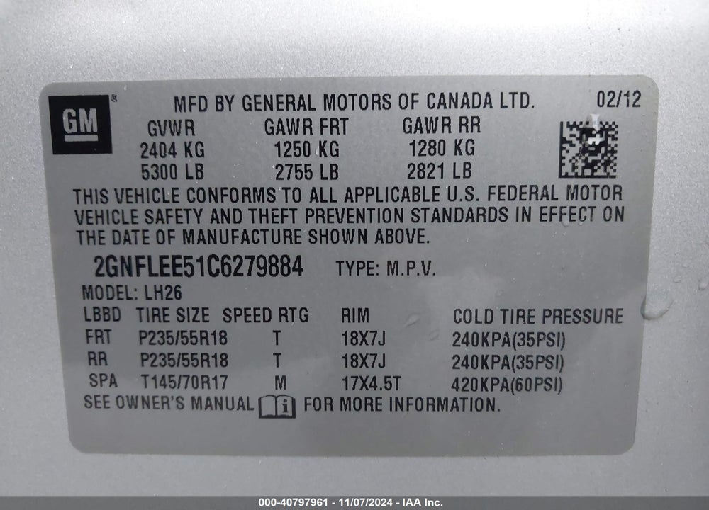 2012 CHEVROLET EQUINOX 1LT VIN: 2GNFLEE51C6279884