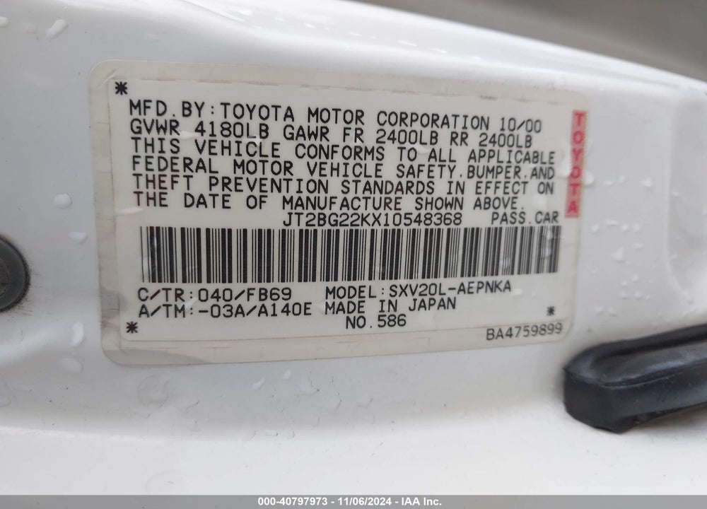 2001 TOYOTA CAMRY LE VIN: JT2BG22KX10548368