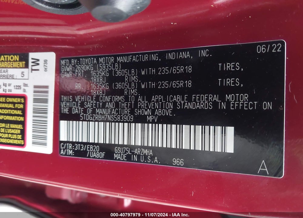 2022 TOYOTA HIGHLANDER XLE VIN: 5TDGZRBH7NS583909