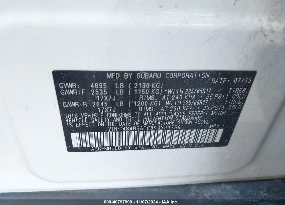 2019 SUBARU OUTBACK 2.5I PREMIUM VIN: 4S4BSAFC8K3391759