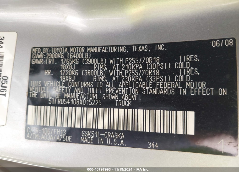 2008 TOYOTA TUNDRA BASE V6 VIN: 5TFRU54108X015225