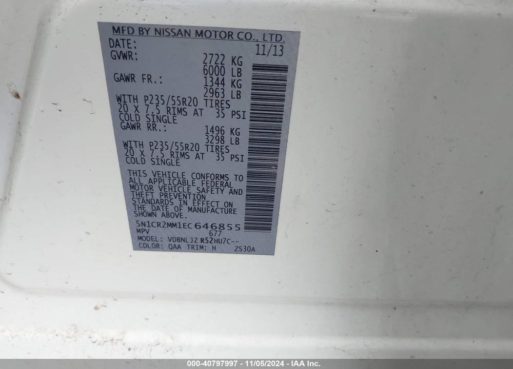 2014 NISSAN PATHFINDER HYBRID PLATINUM VIN: 5N1CR2MM1EC646855