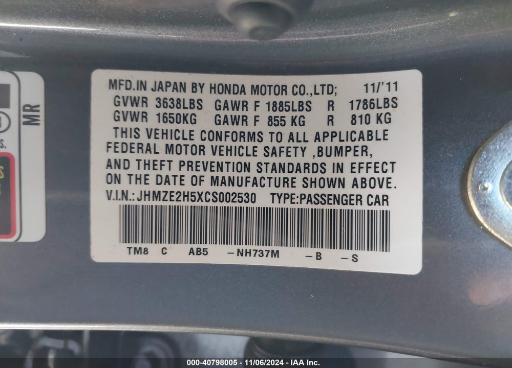 2012 HONDA INSIGHT LX VIN: JHMZE2H5XCS002530