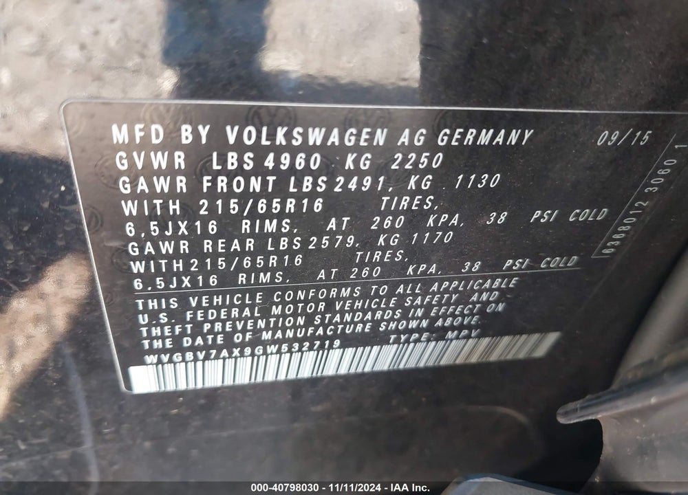 2016 VOLKSWAGEN TIGUAN S VIN: WVGBV7AX9GW532719