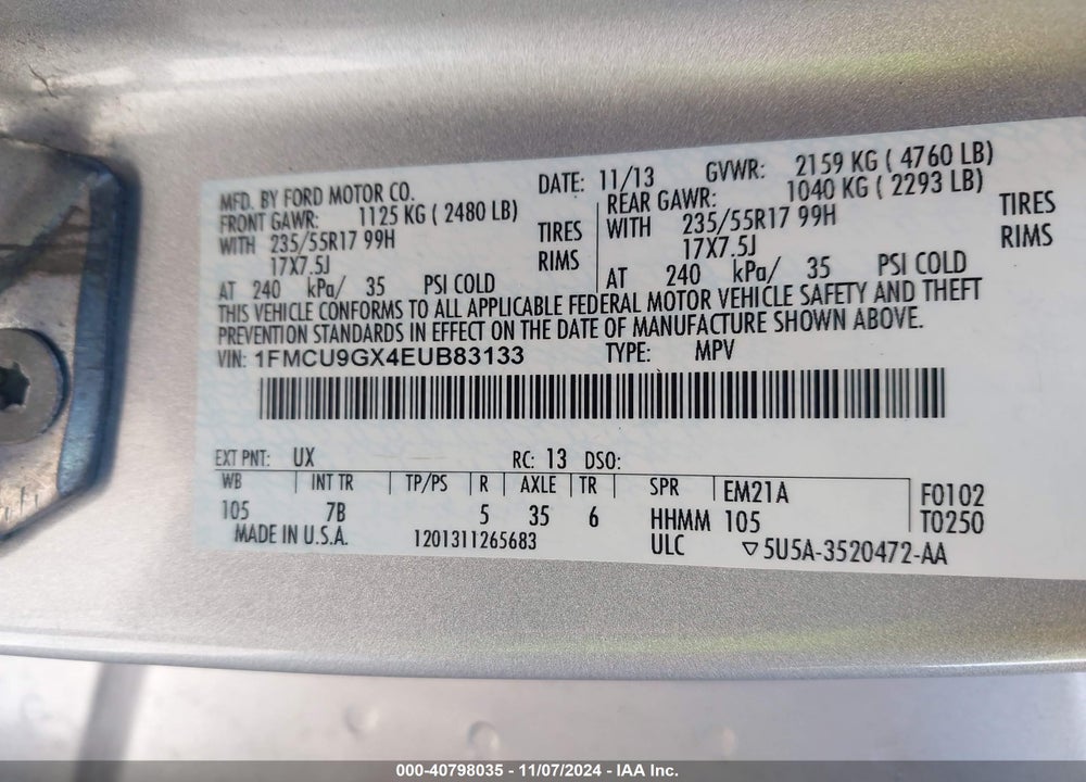 2014 FORD ESCAPE SE VIN: 1FMCU9GX4EUB83133