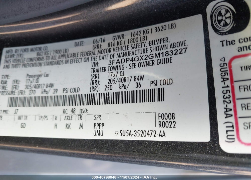 2016 FORD FIESTA VIN: 3FADP4GX2GM183227
