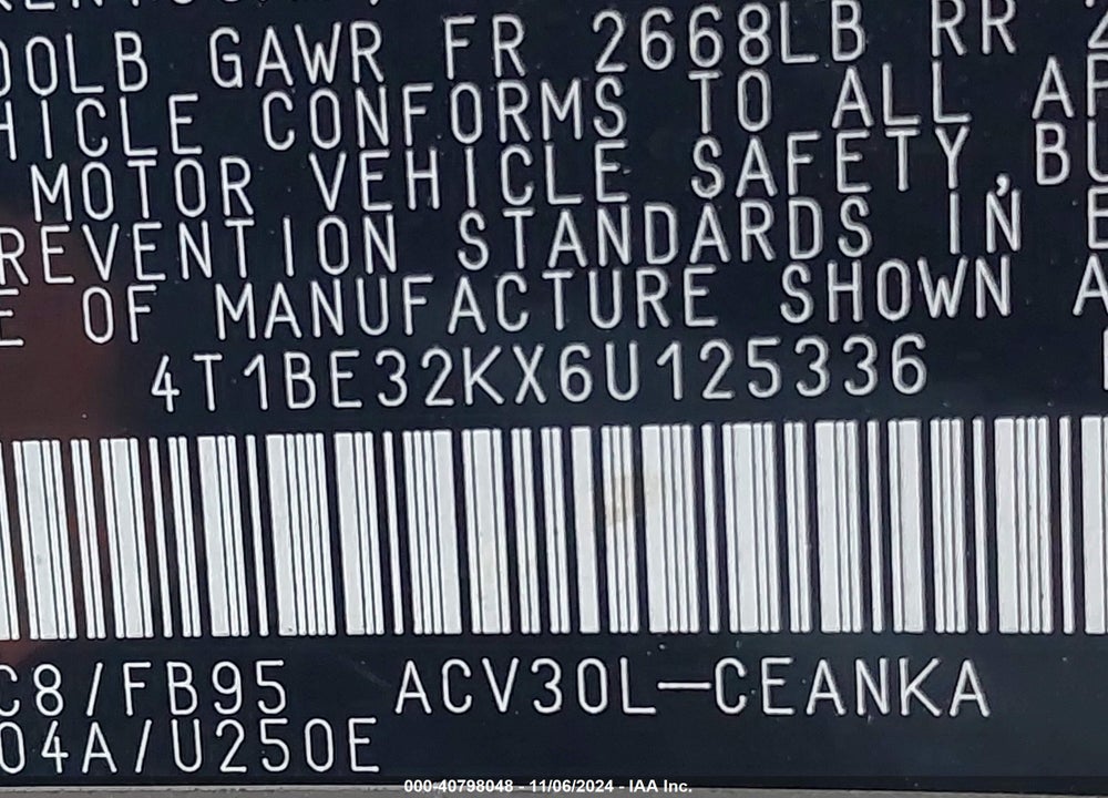 2006 TOYOTA CAMRY LE VIN: 4T1BE32KX6U125336