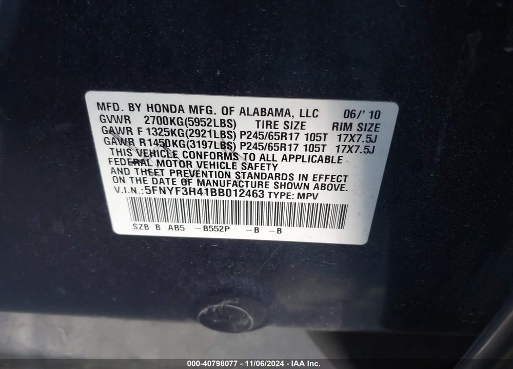2011 HONDA PILOT EX VIN: 5FNYF3H41BB012463