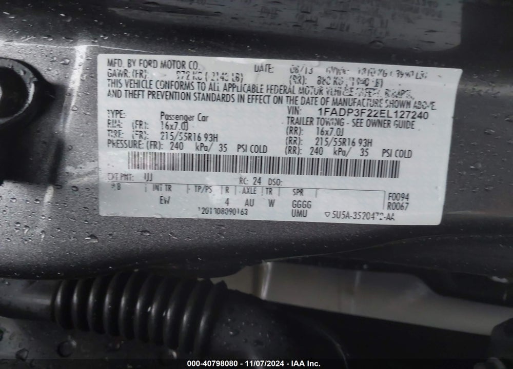 2014 FORD FOCUS SE VIN: 1FADP3F22EL127240