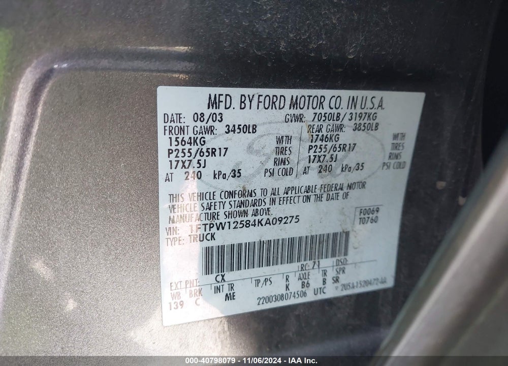 2004 FORD F-150 LARIAT/XLT VIN: 1FTPW12584KA09275