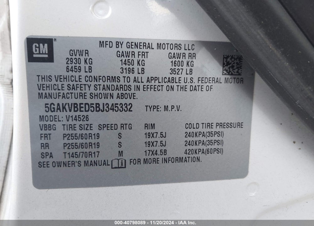 2011 BUICK ENCLAVE 1XL VIN: 5GAKVBED5BJ345332
