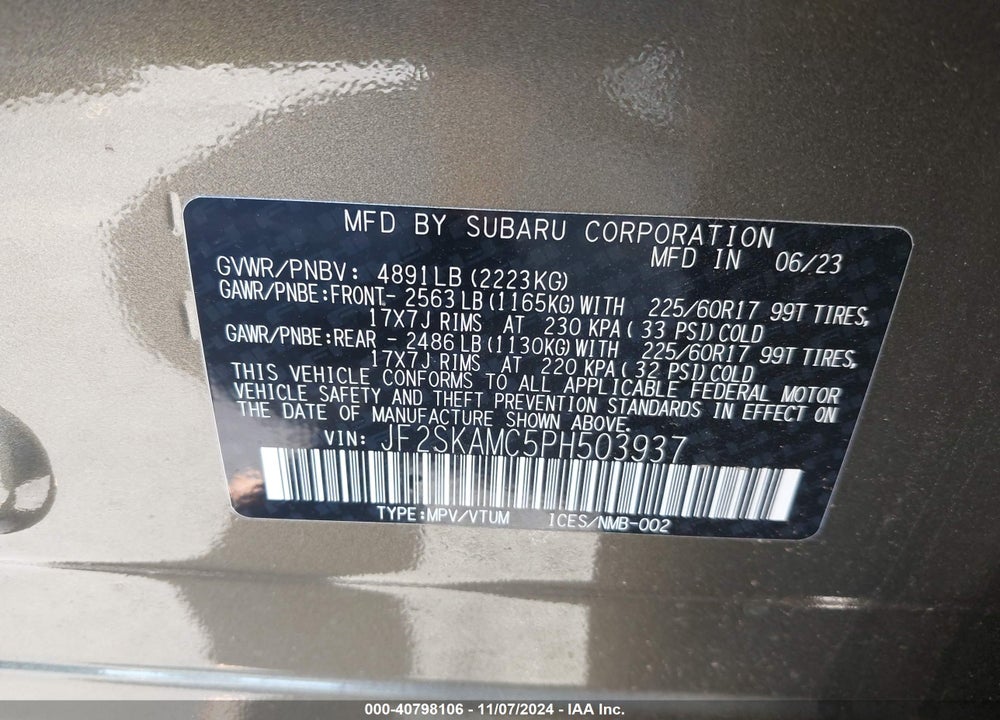 2023 SUBARU FORESTER VIN: JF2SKAMC5PH503937