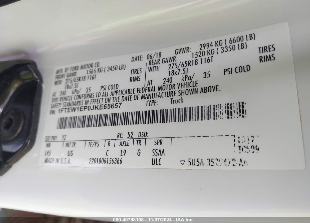 2018 FORD F-150 VIN: 1FTEW1EP0JKE65657