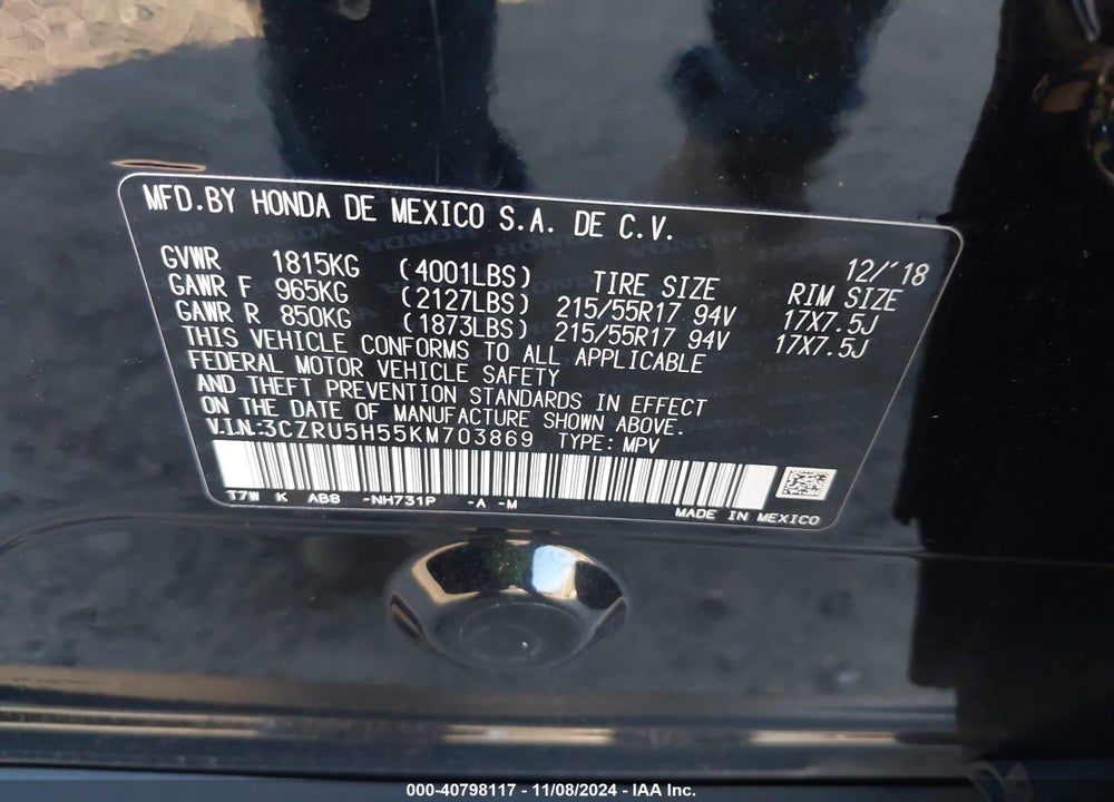 2019 HONDA HR-V EX VIN: 3CZRU5H55KM703869