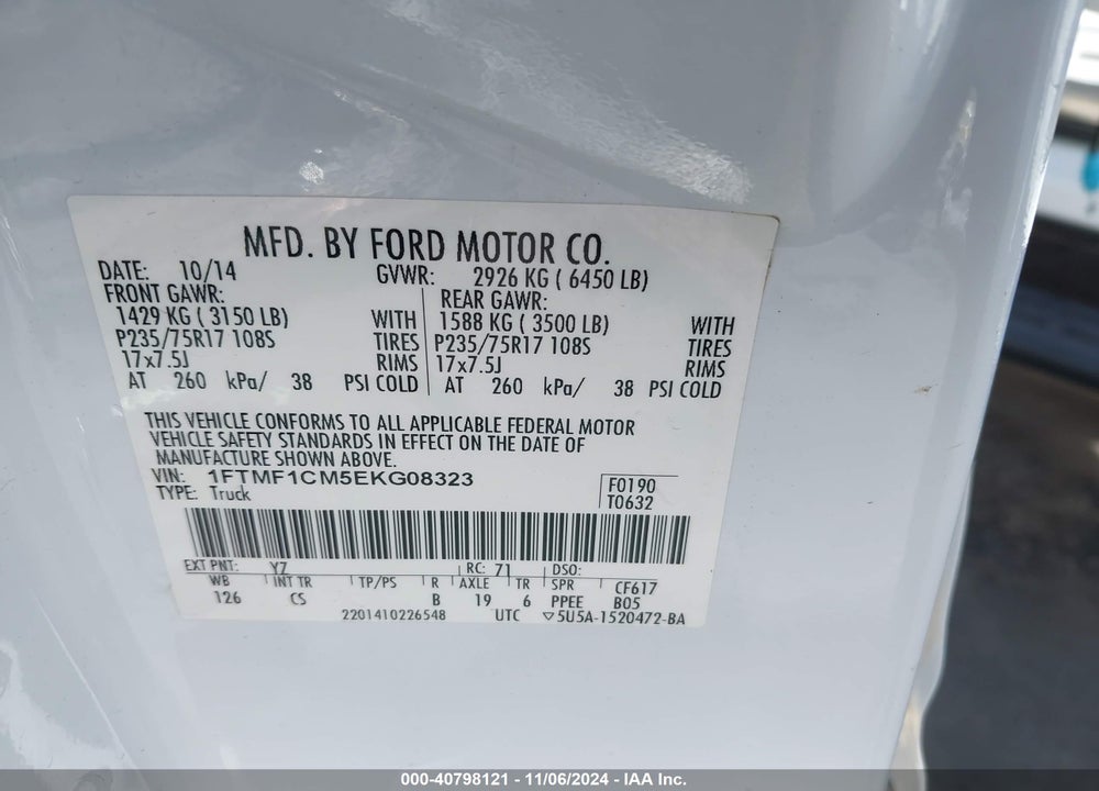 2014 FORD F-150 XL VIN: 1FTMF1CM5EKG08323