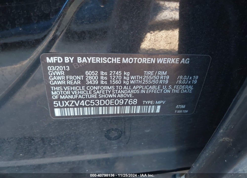2013 BMW X5 XDRIVE35I/XDRIVE35I PREMIUM/XDRIVE35I SPORT ACTIVITY VIN: 5UXZV4C53D0E09768
