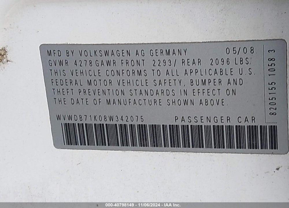 2008 VOLKSWAGEN RABBIT S VIN: WVWDB71K08W342075