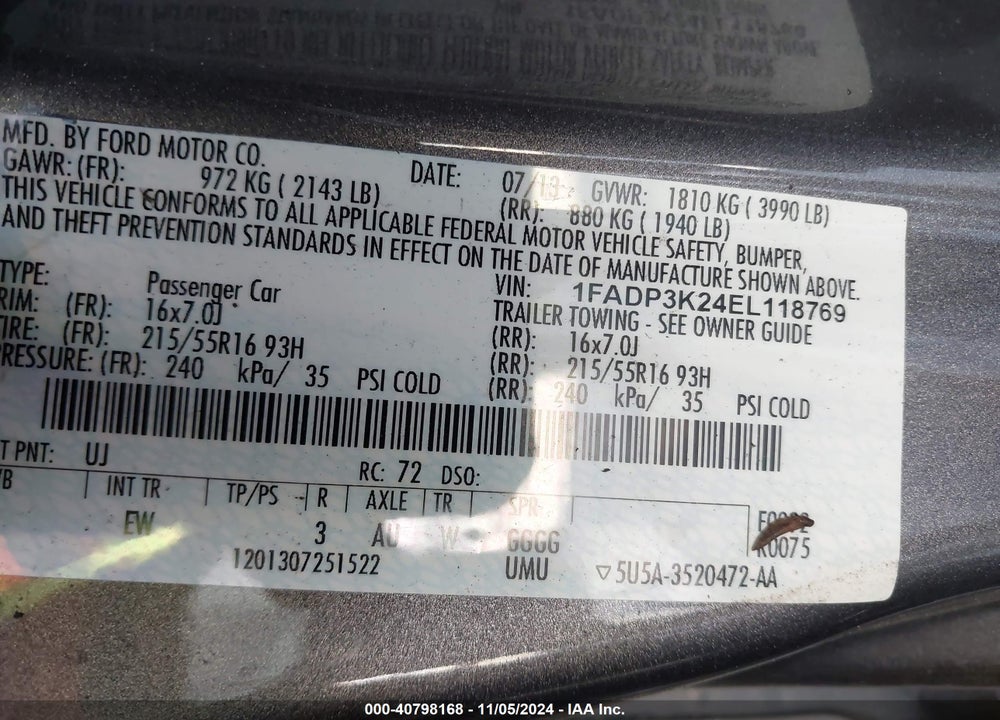2014 FORD FOCUS SE VIN: 1FADP3K24EL118769