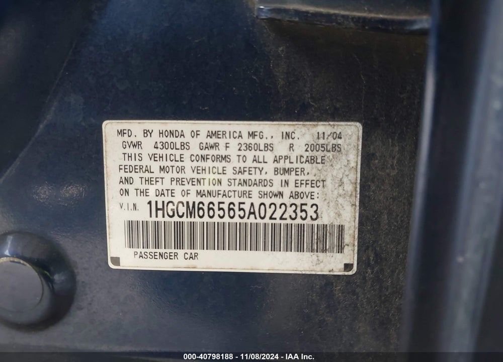 2005 HONDA ACCORD 3.0 EX VIN: 1HGCM66565A022353