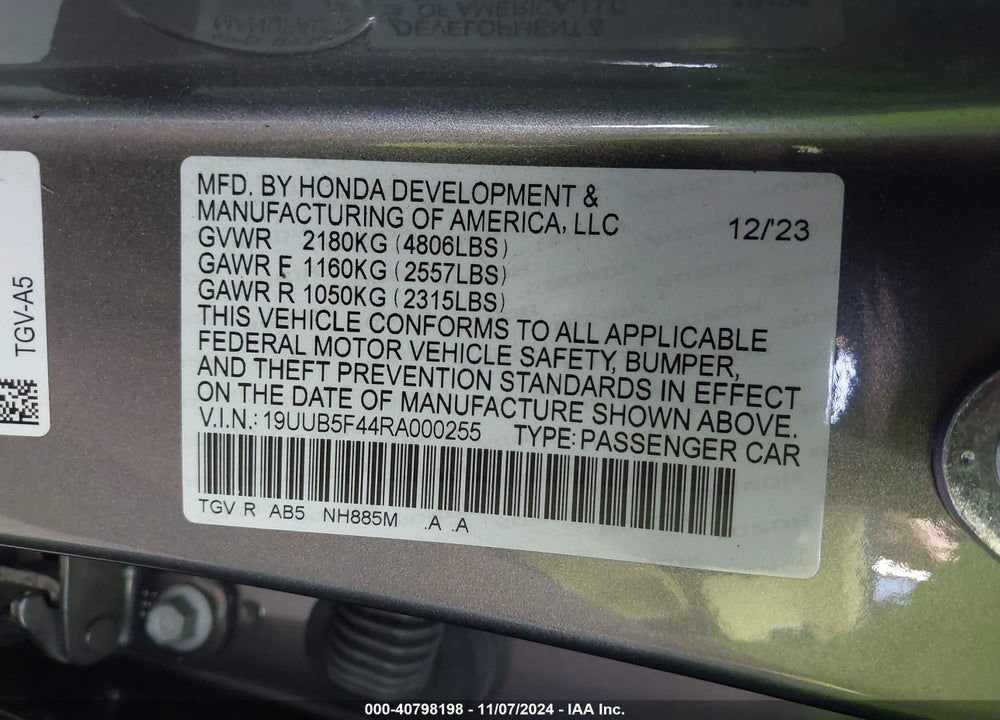 2024 ACURA TLX TECHNOLOGY PACKAGE VIN: 19UUB5F44RA000255