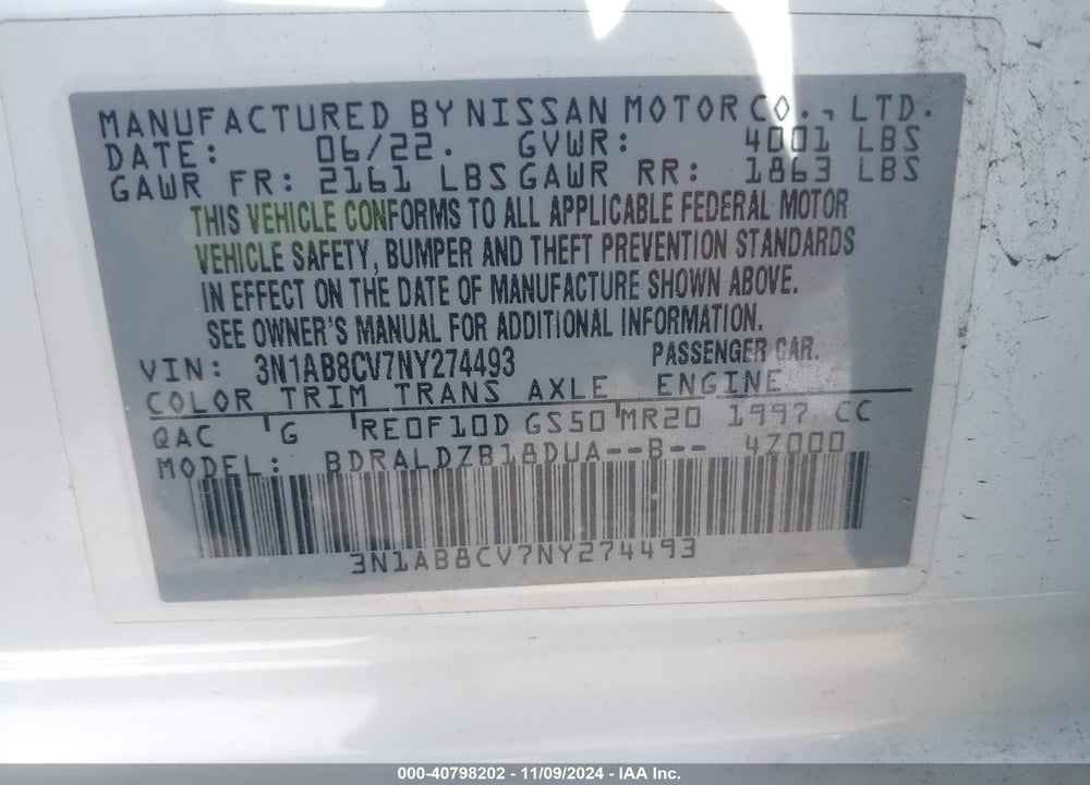 2022 NISSAN SENTRA SV XTRONIC CVT VIN: 3N1AB8CV7NY274493