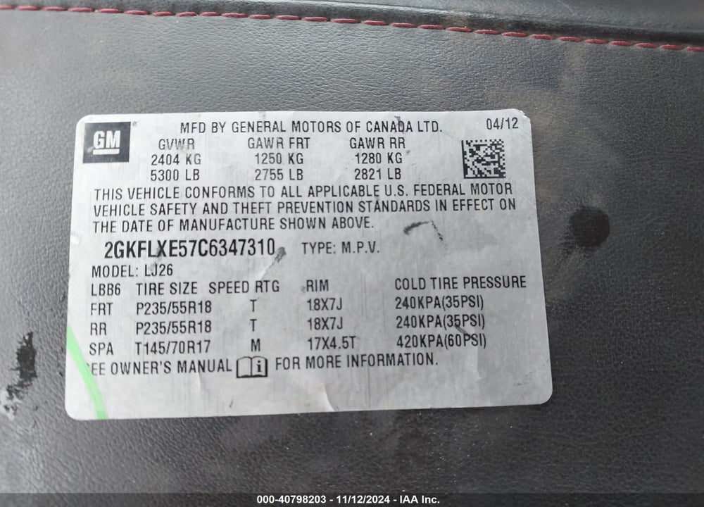 2012 GMC TERRAIN SLT-2 VIN: 2GKFLXE57C6347310
