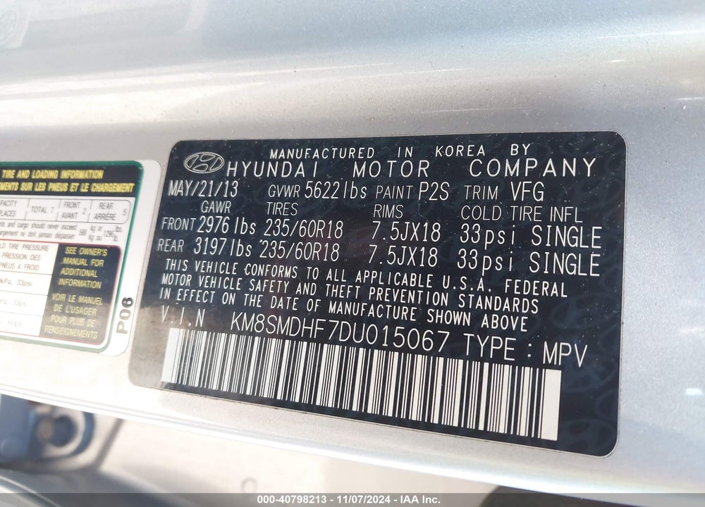 2013 HYUNDAI SANTA FE GLS VIN: KM8SMDHF7DU015067