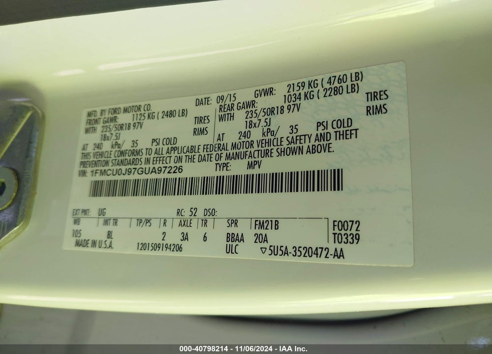 2016 FORD ESCAPE TITANIUM VIN: 1FMCU0J97GUA97226