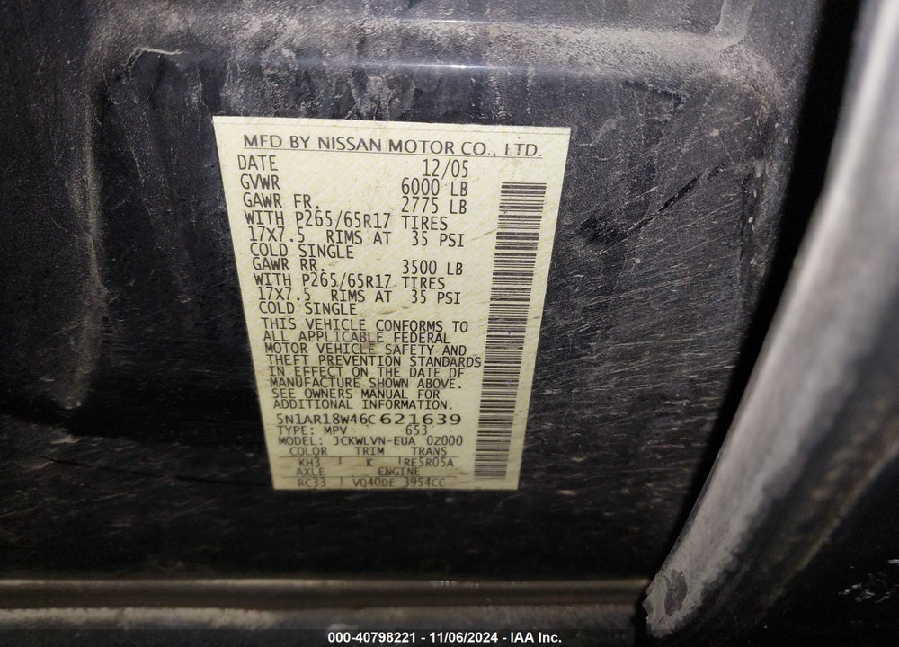 2006 NISSAN PATHFINDER LE VIN: 5N1AR18W46C621639