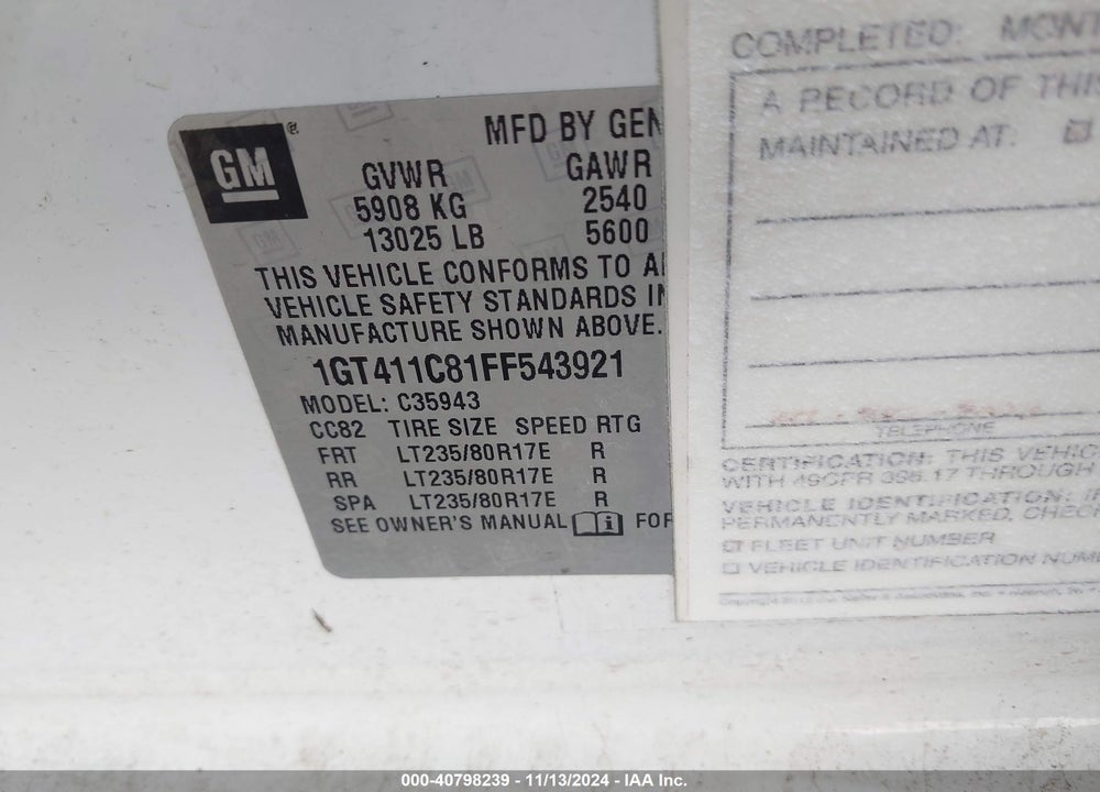 2015 GMC SIERRA 3500HD VIN: 1GT411C81FF543921