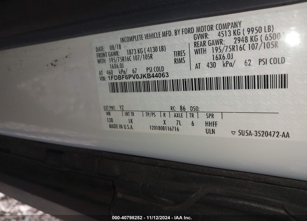 2018 FORD TRANSIT-350 CUTAWAY VIN: 1FDBF6PV0JKB44063