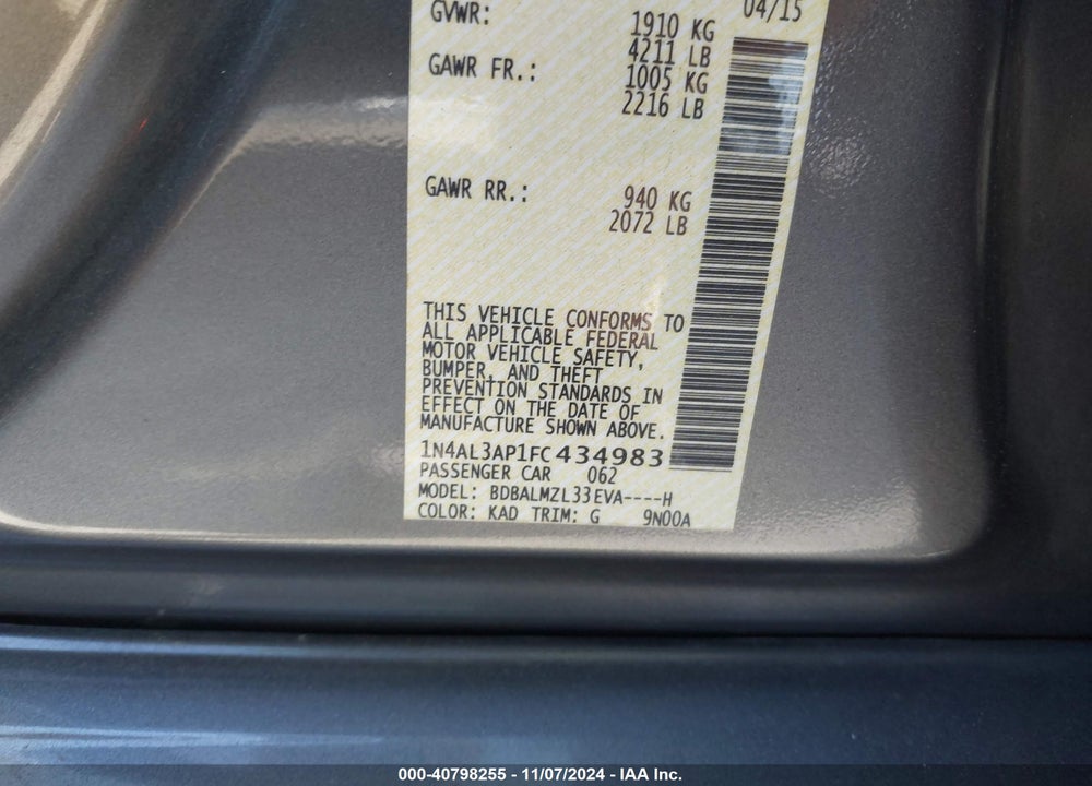 2015 NISSAN ALTIMA 2.5 SV VIN: 1N4AL3AP1FC434983