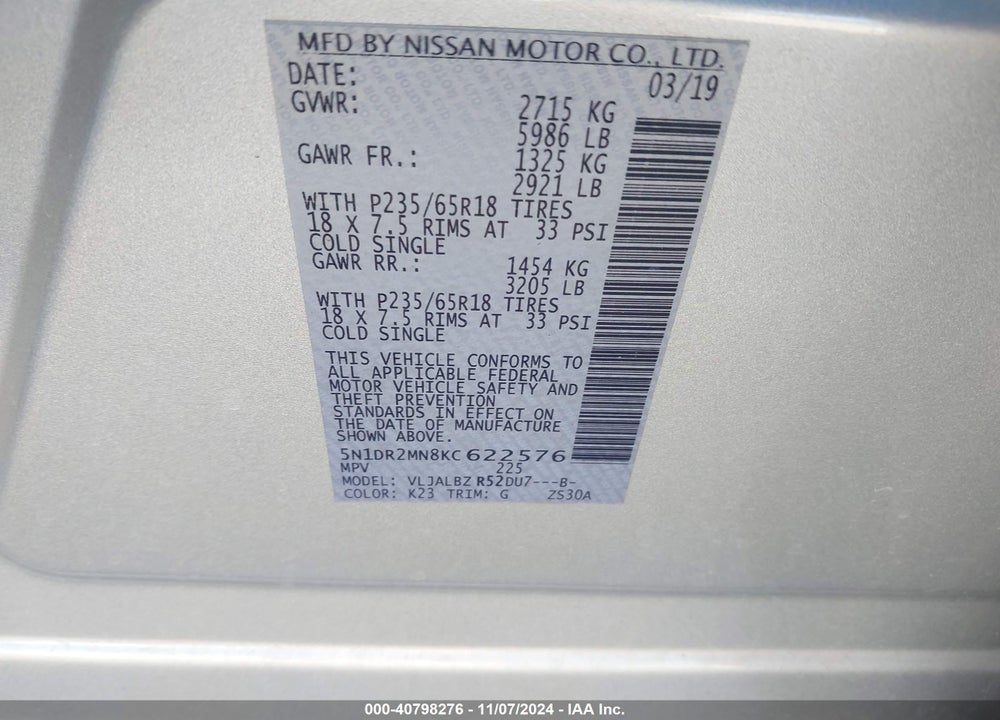 2019 NISSAN PATHFINDER S VIN: 5N1DR2MN8KC622576