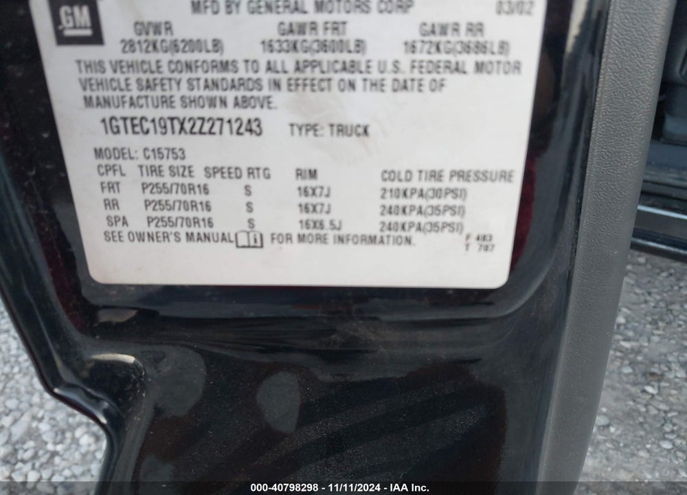 2002 GMC SIERRA 1500 SL VIN: 1GTEC19TX2Z271243