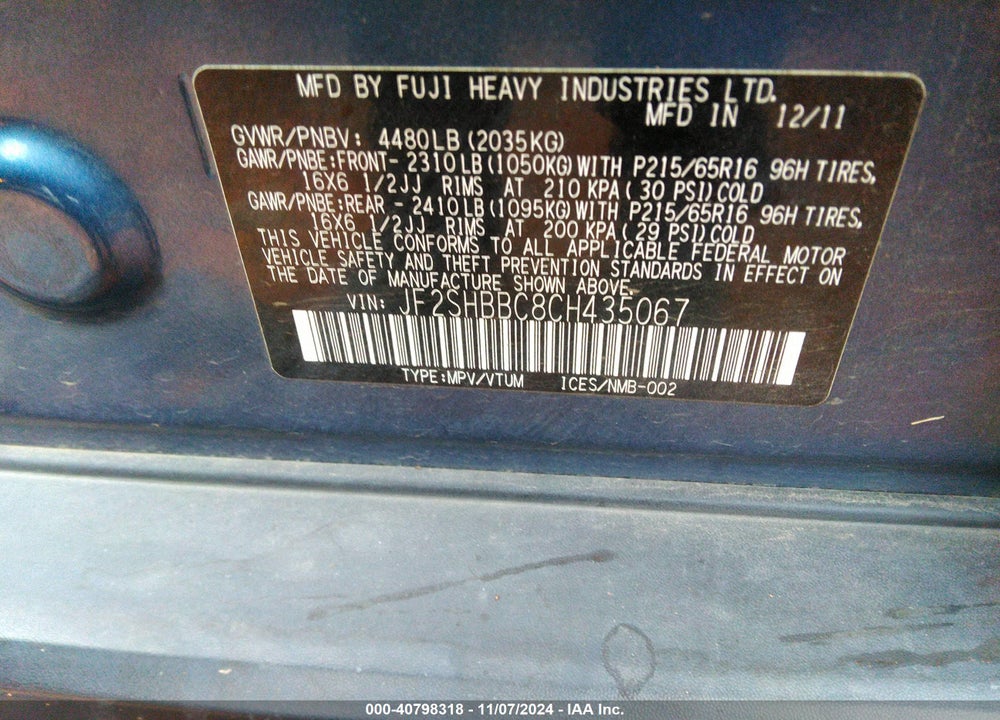 2012 SUBARU FORESTER 2.5X VIN: JF2SHBBC8CH435067