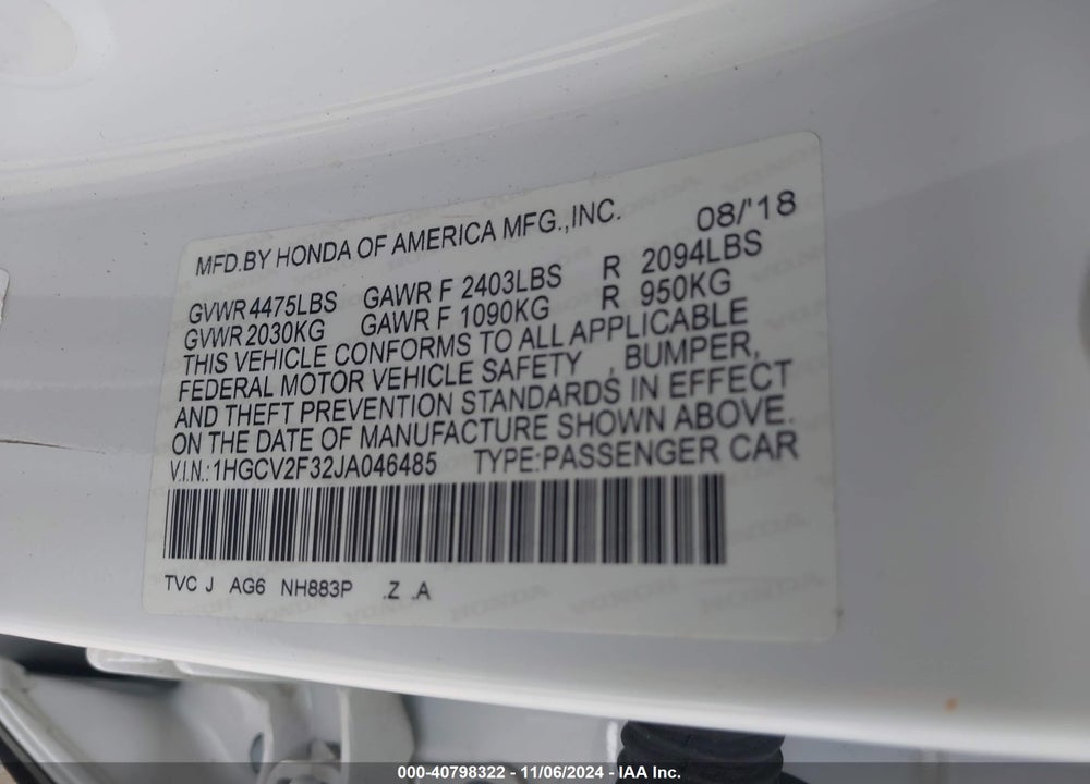 2018 HONDA ACCORD SPORT 2.0T VIN: 1HGCV2F32JA046485