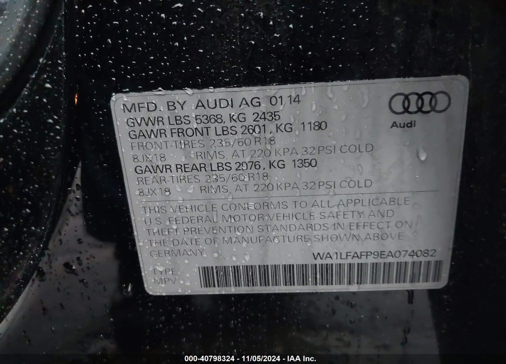 2014 AUDI Q5 2.0T PREMIUM VIN: WA1LFAFP9EA074082