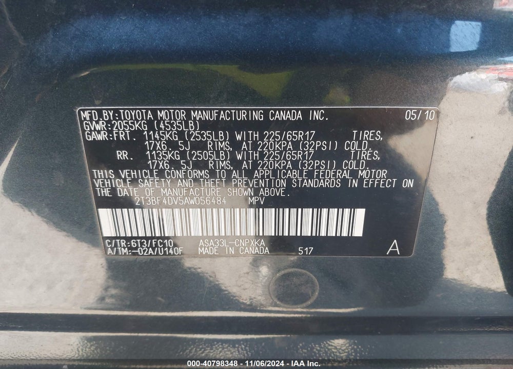 2010 TOYOTA RAV4 VIN: 2T3BF4DV5AW056484